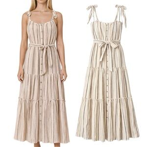 Veronica Beard Stripe Maxi Dress Tie Strap Button Front Neutral Metallic Size 12